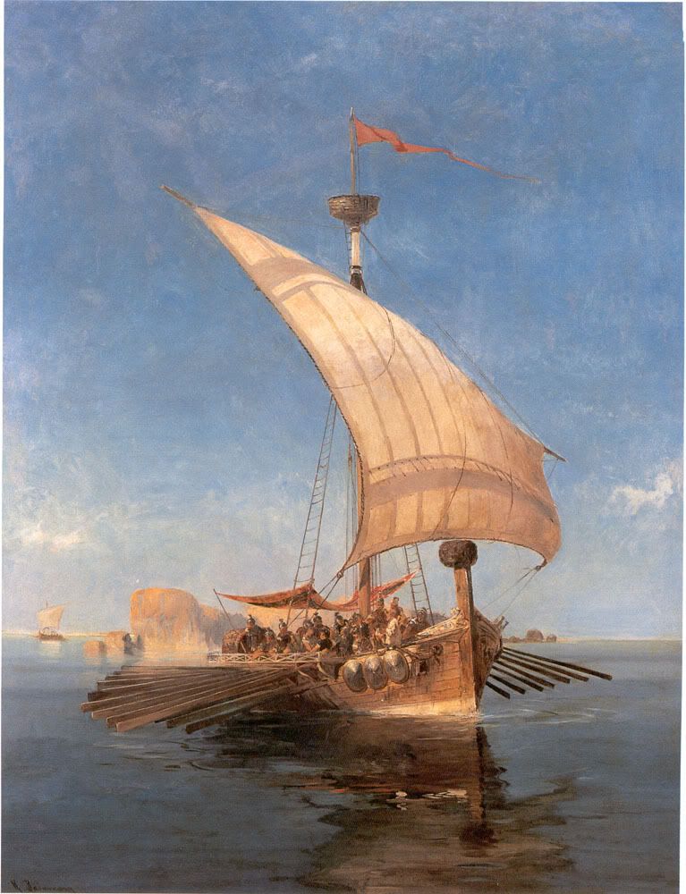 Painting of the Argo, an oared galley with a large square sail, at sea