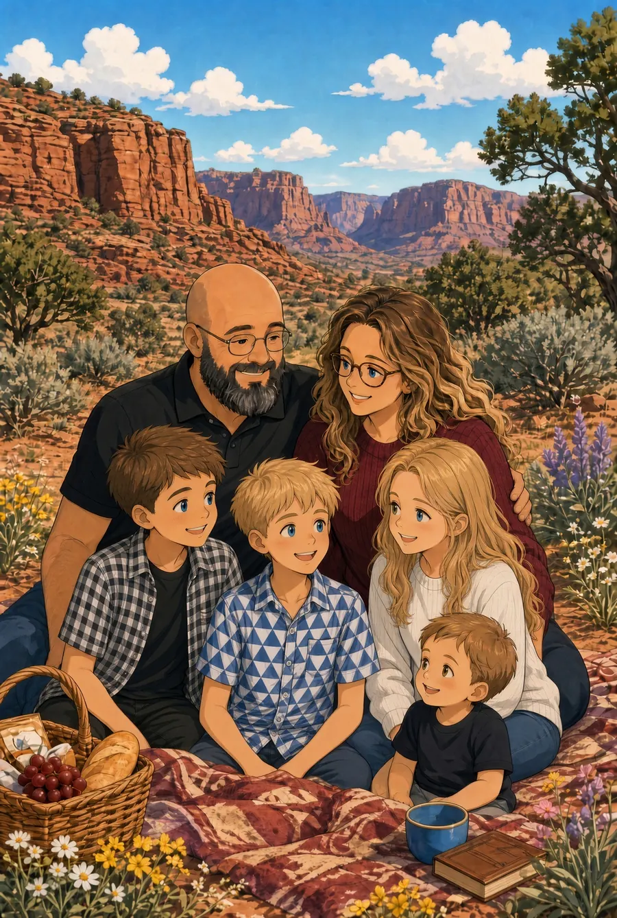 Illustrated family portrait at a picnic in southern Utah red-rock country