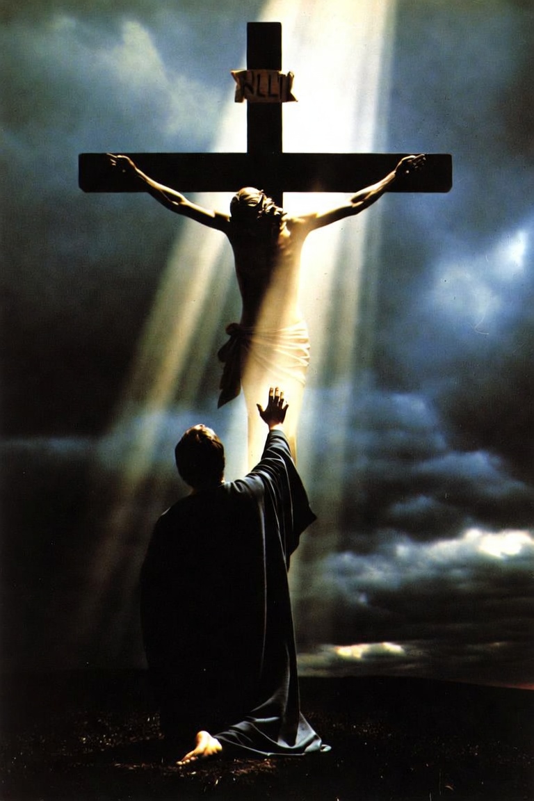 A kneeling figure reaches toward the crucified Christ.